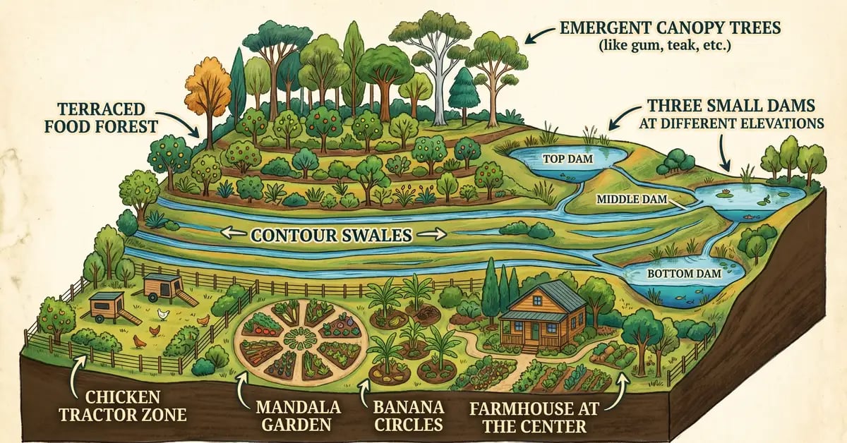 Side-view map of Zaytuna Farm with emergent trees on the ridge, terraced food forest, contour swales, three dams, chicken tractor zone, mandala garden, and farmhouse labeled