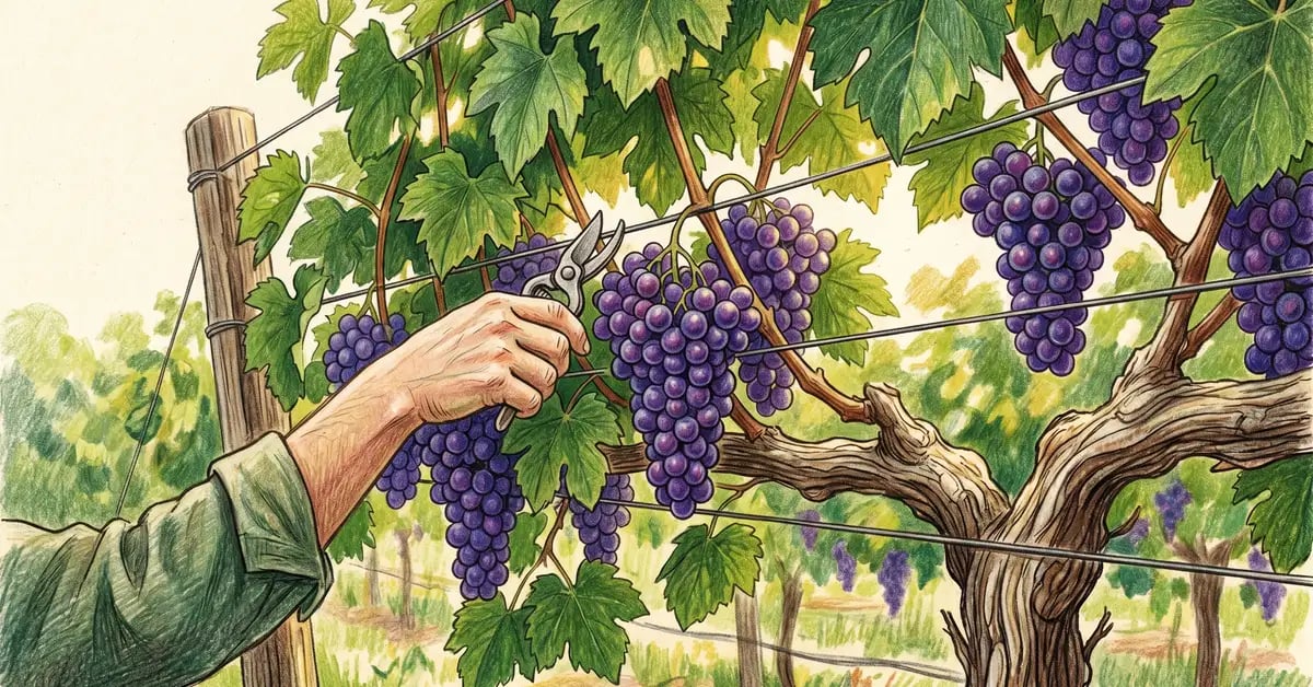 Mature grape vines trained on a horizontal wire trellis with heavy purple grape clusters and a gardener thinning a cluster with shears