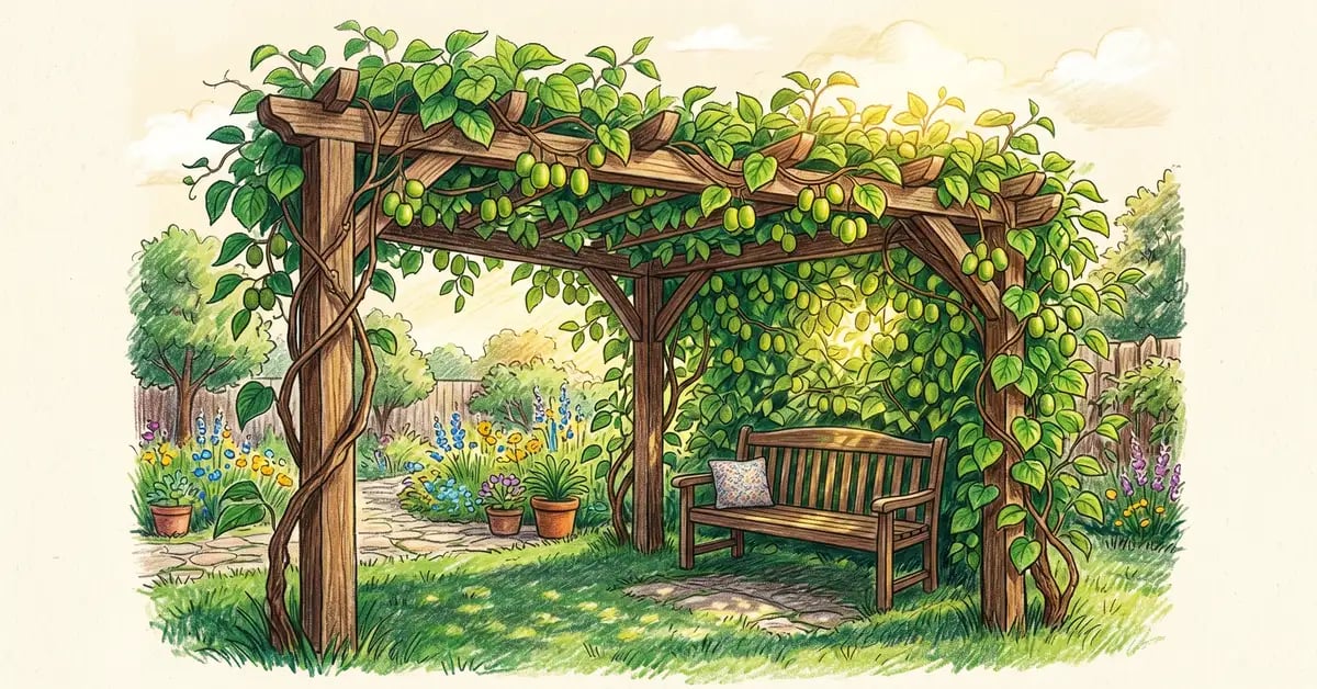 Hardy kiwi vines climbing a sturdy timber pergola with green leaves and small grape-sized fruits and a bench underneath providing shade