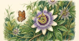 Maypop passionflower bloom on a vine with a fritillary butterfly hovering nearby