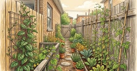 Narrow side-yard urban garden with tall wooden fence covered in pole beans, malabar spinach, and a cucumber vine on a low railing