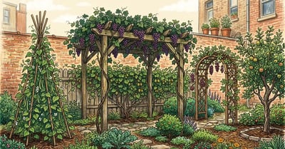 Urban backyard food forest with grape pergola, hardy kiwi fence, pole bean teepee, akebia arbor, and a small apple tree against a brick wall