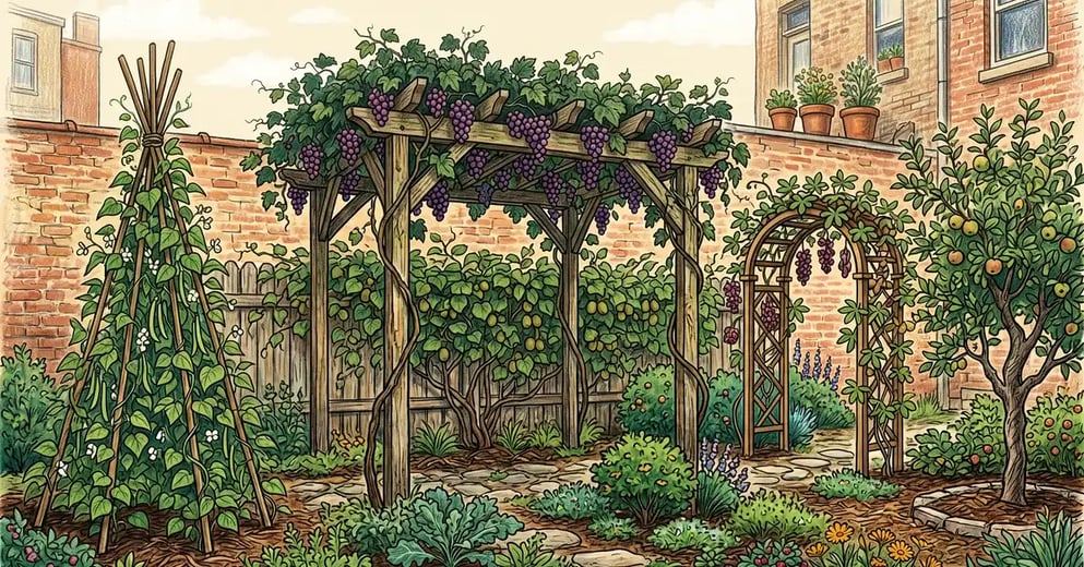 Urban backyard food forest with grape pergola, hardy kiwi fence, pole bean teepee, akebia arbor, and a small apple tree against a brick wall