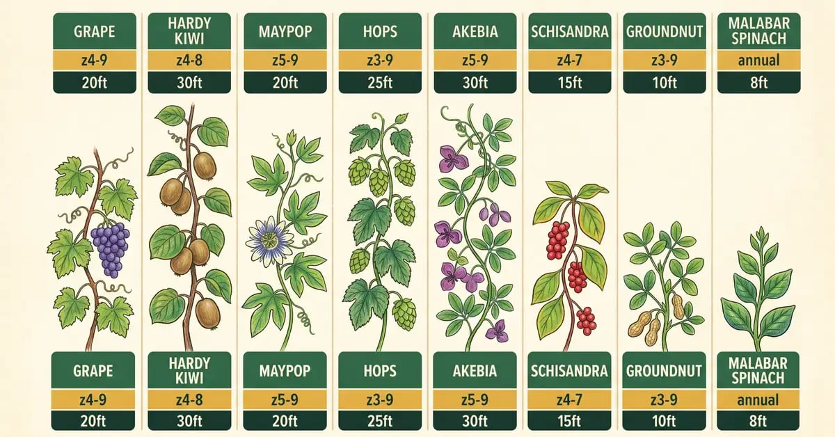 Vertical comparison infographic of grape, hardy kiwi, maypop, hops, akebia, schisandra, groundnut, and malabar spinach with hardiness zones and mature lengths