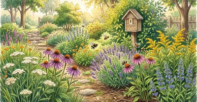 Pencil-crayon illustration of a permaculture pollinator garden with native flowering plants, purple coneflower, goldenrod, yarrow and lavender, with bumblebees and honeybees visiting blossoms