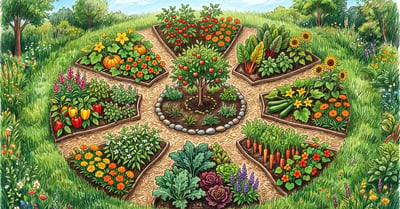 Pencil-crayon illustration of a circular mandala garden viewed from above with concentric and pie-slice beds radiating from a central fruit tree, surrounded by curving wood-chip paths