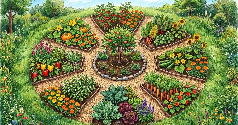 Pencil-crayon illustration of a circular mandala garden viewed from above with concentric and pie-slice beds radiating from a central fruit tree, surrounded by curving wood-chip paths