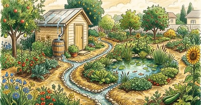 Pencil-crayon illustration of a permaculture water harvesting system with rain barrel, swale ditches, pond and mulched garden beds in a backyard