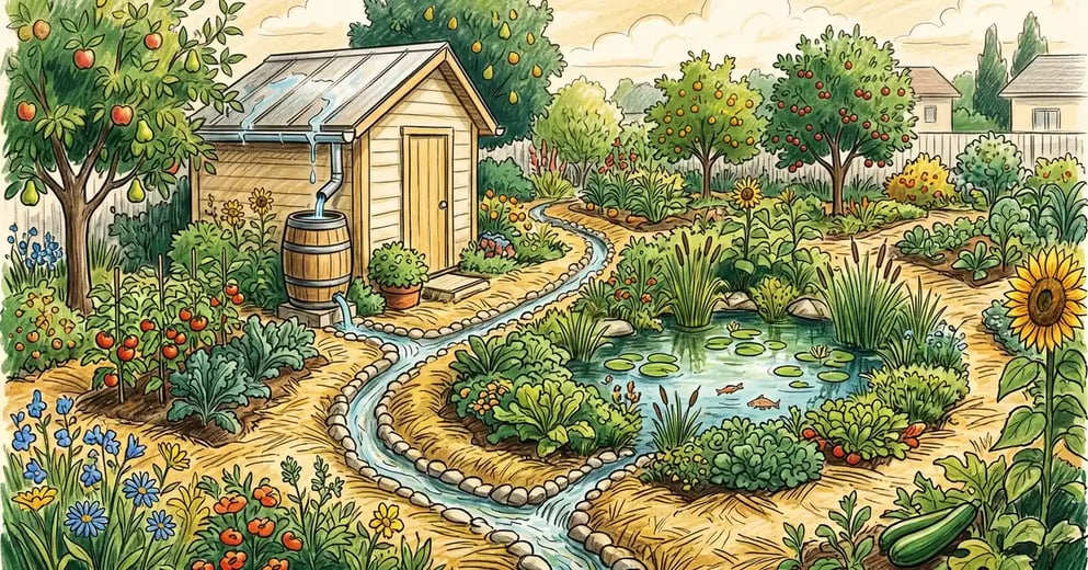 Pencil-crayon illustration of a permaculture water harvesting system with rain barrel, swale ditches, pond and mulched garden beds in a backyard