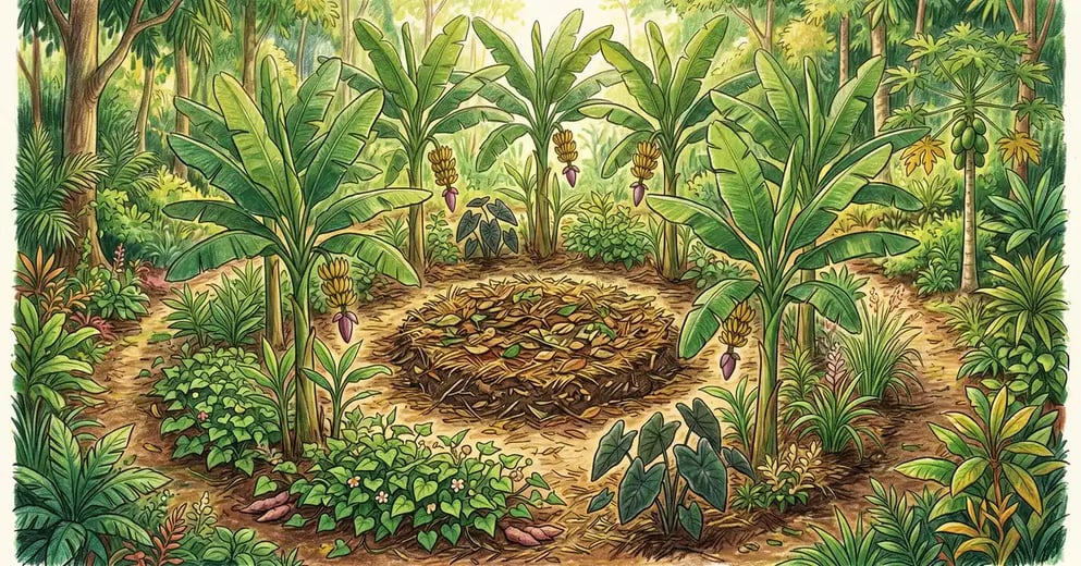 Pencil-crayon illustration of a tropical permaculture banana circle with 6 banana plants surrounding a central composting pit, companion plants at the edges