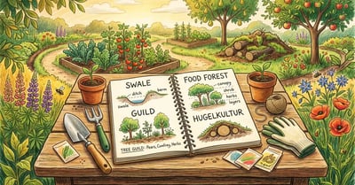 Pencil-crayon illustration of an open notebook with hand-lettered permaculture vocabulary on a sunny garden table surrounded by gardening tools and raised beds