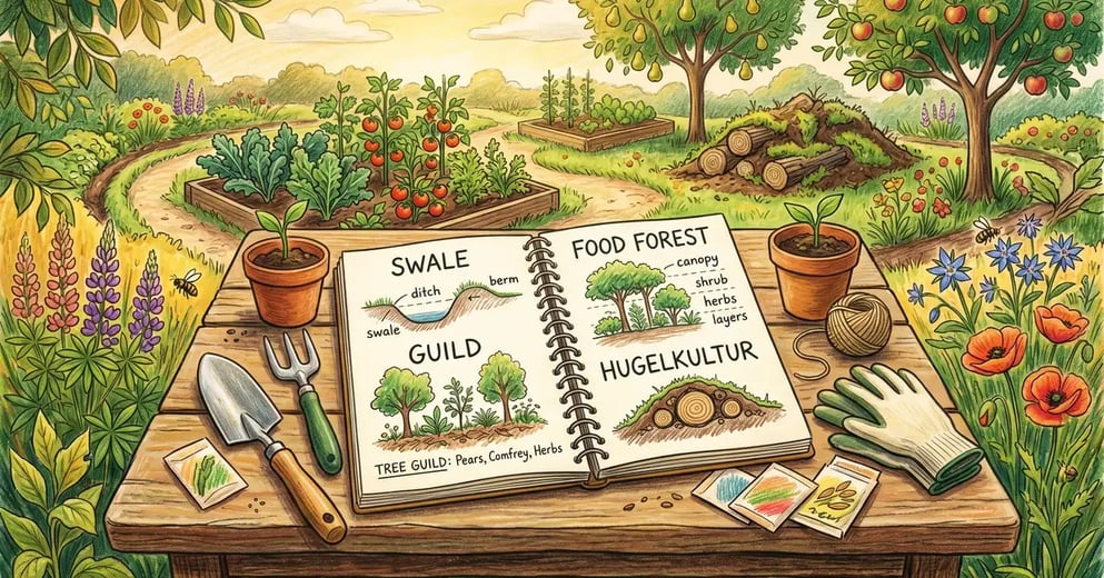 Pencil-crayon illustration of an open notebook with hand-lettered permaculture vocabulary on a sunny garden table surrounded by gardening tools and raised beds