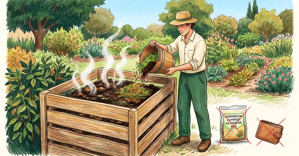 Pencil-crayon illustration of a gardener pouring grass clippings and coffee grounds into a steaming compost bin, with a commercial compost activator bag and wallet crossed out beside it