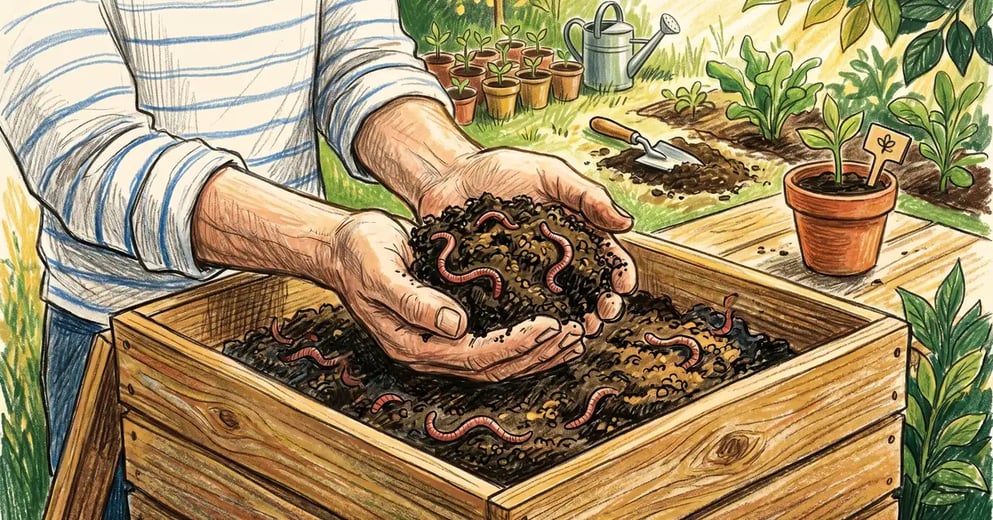 Pencil-crayon illustration of gardener hands holding finished dark worm castings over a wooden worm bin with red wiggler worms visible, in a sunny garden setting