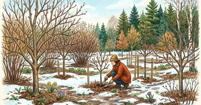 Pencil-crayon illustration of a snowy New England food forest in early spring with multilayered fruit trees and shrubs, snow melting around trunks, evergreen pines in the background