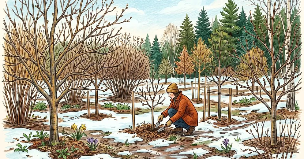 Pencil-crayon illustration of a snowy New England food forest in early spring with multilayered fruit trees and shrubs, snow melting around trunks, evergreen pines in the background