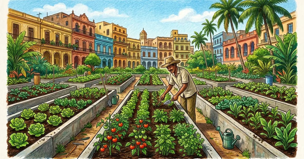 Pencil-crayon illustration of a Havana organoponico urban garden with concrete-walled raised beds of lettuce, tomatoes, and herbs, a worker tending the beds, colonial Cuban buildings and palm trees in the background