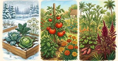 Pencil-crayon split illustration showing companion planting in 3 US climates: cold-zone cabbage and kale in snow, temperate tomato basil and marigold, hot Florida okra and amaranth and sweet potato