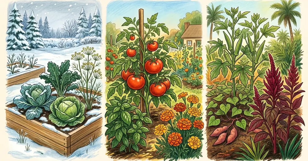 Pencil-crayon split illustration showing companion planting in 3 US climates: cold-zone cabbage and kale in snow, temperate tomato basil and marigold, hot Florida okra and amaranth and sweet potato