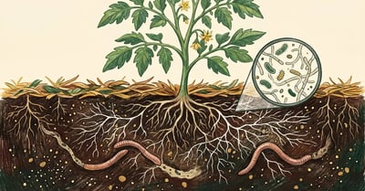 Hand holding healthy dark soil with visible fungal hyphae and earthworms, illustrated in warm pencil-crayon style