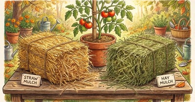 Side-by-side comparison of golden straw mulch bale and green hay mulch bale on a wooden garden table with a tomato plant in the background, illustrated in pencil-crayon style