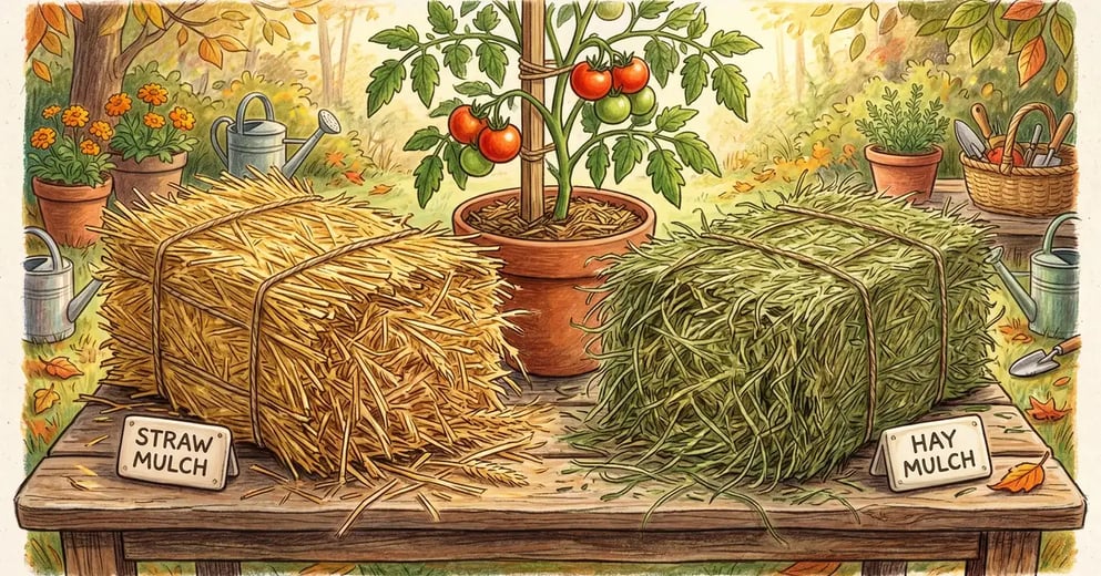 Side-by-side comparison of golden straw mulch bale and green hay mulch bale on a wooden garden table with a tomato plant in the background, illustrated in pencil-crayon style
