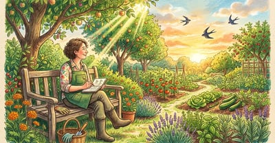 Gardener sitting on a wooden bench in a backyard with a notebook observing the landscape with sun streaming through fruit trees and swallows in flight, illustrated in pencil-crayon style