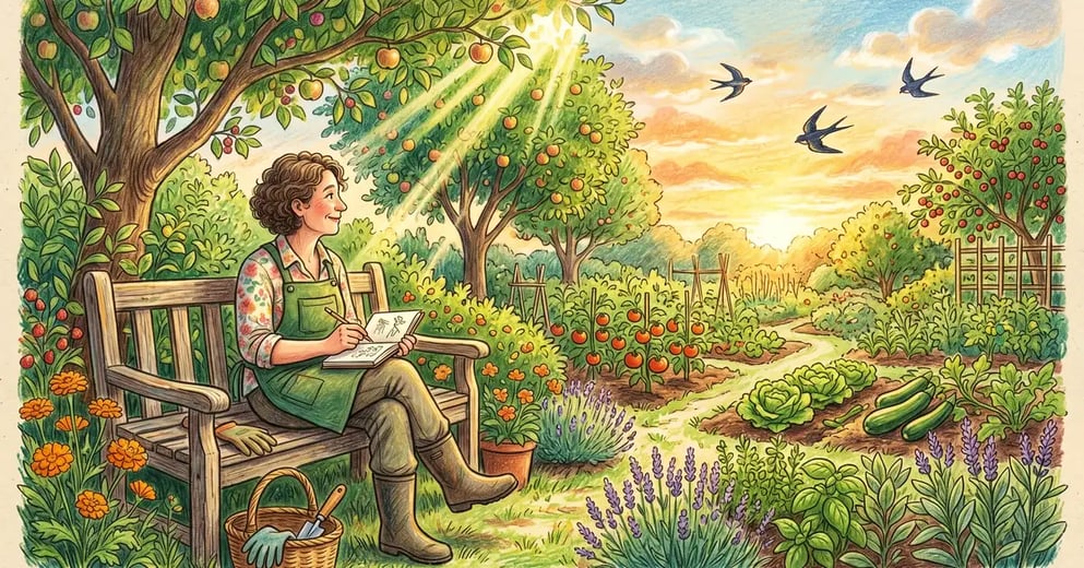 Gardener sitting on a wooden bench in a backyard with a notebook observing the landscape with sun streaming through fruit trees and swallows in flight, illustrated in pencil-crayon style