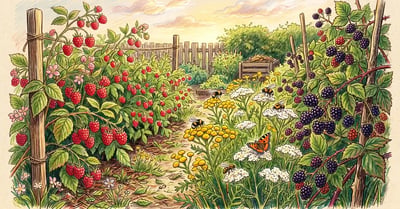 Backyard berry patch with red raspberry canes laden with bright red berries and blackberries with deep purple-black fruit with tansy and yarrow companion plants between them, illustrated in pencil-crayon style