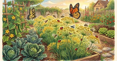 Backyard vegetable garden with feathery dill plants in golden umbel flower covered in hoverflies ladybugs and a parasitic wasp next to cabbage and cucumber plants with monarch and swallowtail butterflies, illustrated in pencil-crayon style