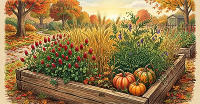 Wooden raised garden bed in autumn covered with crimson clover with red flowers, cereal rye, and dark green hairy vetch with pumpkins in the corner, illustrated in pencil-crayon style