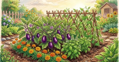 Vibrant summer garden bed with glossy purple eggplants surrounded by bush beans, French marigolds, and basil plants in pencil-crayon hand-illustrated style