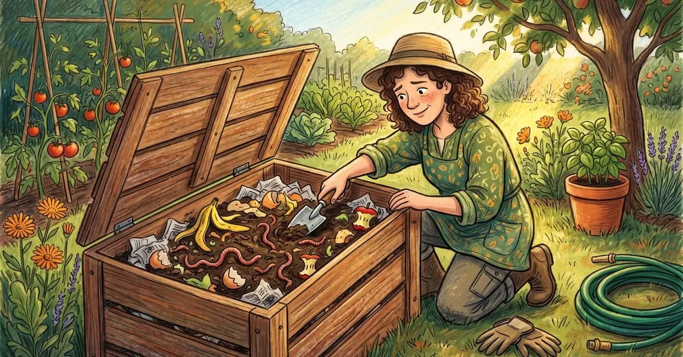 A gardener kneeling beside an open worm composting bin inspecting healthy red wigglers in moist dark bedding with kitchen scraps and shredded newspaper, illustrated in pencil-crayon style