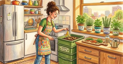 An apartment kitchen scene with a discreet stackable worm composting bin between a refrigerator and counter, with a small herb garden on the windowsill above and a young urban gardener placing a banana peel in the bin, illustrated in pencil-crayon style