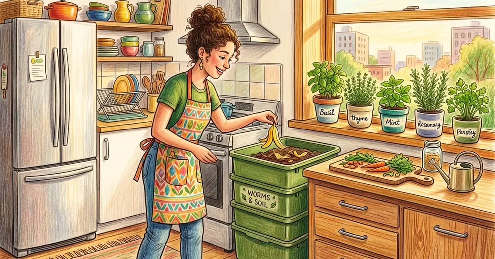 An apartment kitchen scene with a discreet stackable worm composting bin between a refrigerator and counter, with a small herb garden on the windowsill above and a young urban gardener placing a banana peel in the bin, illustrated in pencil-crayon style