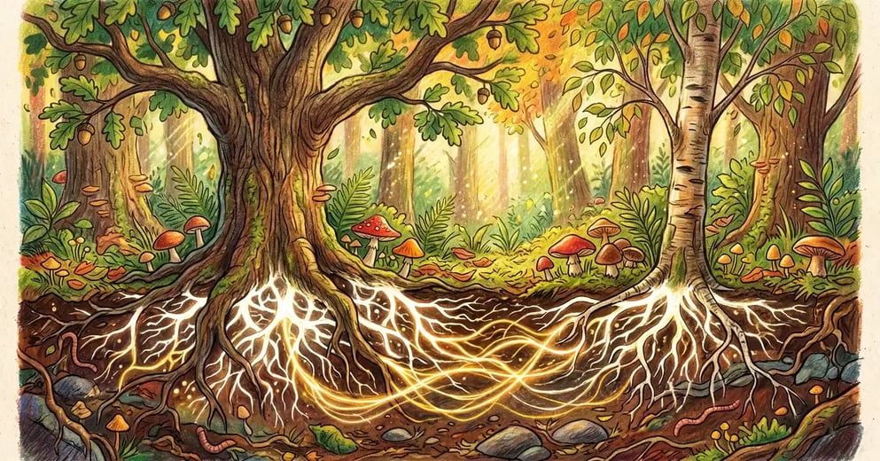 A cross-section view of a forest floor showing two large trees connected underground by a glowing mycorrhizal fungal network with golden threads between their roots and mushrooms emerging from the surface, illustrated in pencil-crayon style