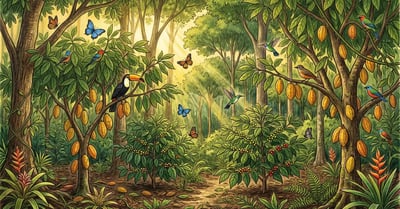 A lush Brazilian agroforestry scene with tall Atlantic Forest trees over cocoa trees with yellow pods on trunks and coffee shrubs in the understory, with butterflies and birds in the warm golden afternoon light, illustrated in pencil-crayon style