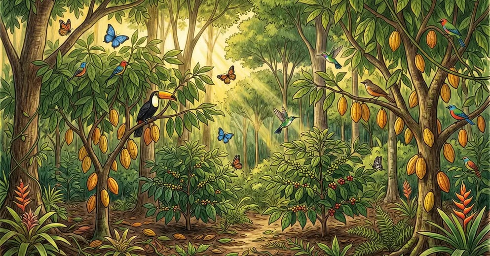 A lush Brazilian agroforestry scene with tall Atlantic Forest trees over cocoa trees with yellow pods on trunks and coffee shrubs in the understory, with butterflies and birds in the warm golden afternoon light, illustrated in pencil-crayon style