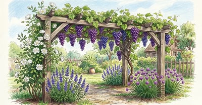 A backyard grape arbor with mature Vitis vinifera vines laden with purple clusters, hyssop blooming at post bases, chives with purple flowers, and white roses climbing one end as a sentinel plant, illustrated in pencil-crayon style