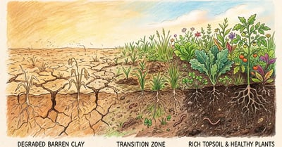 A side-by-side comparison view of degraded barren cracked clay soil on the left and rich dark crumbly topsoil with healthy plants on the right with a transition zone showing the regeneration process, illustrated in pencil-crayon style