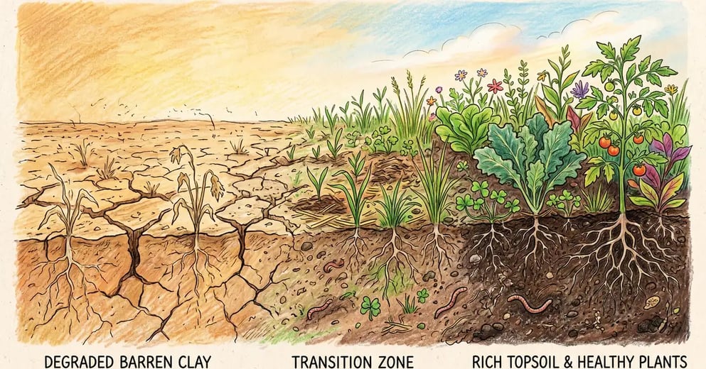 A side-by-side comparison view of degraded barren cracked clay soil on the left and rich dark crumbly topsoil with healthy plants on the right with a transition zone showing the regeneration process, illustrated in pencil-crayon style