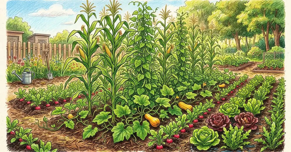 Pencil-crayon illustration of a backyard raised bed with multiple crops interplanted including tomatoes, basil, lettuce, carrots, and radishes