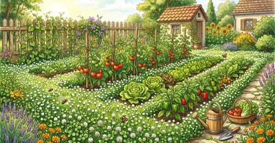 Pencil-crayon illustration of a backyard vegetable garden with white clover groundcover spreading between rows of tomatoes, peppers, and lettuce as a living mulch