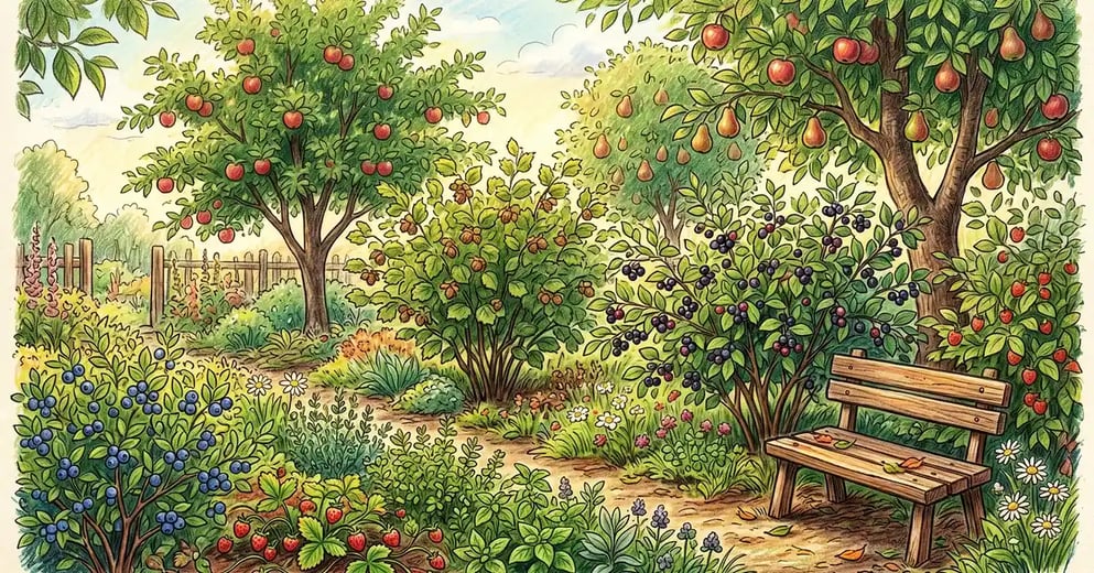 Pencil-crayon illustration of a mature 10-year-old backyard food forest with apple trees, hazelnut shrubs, blueberries, strawberries, and a wooden bench in summer