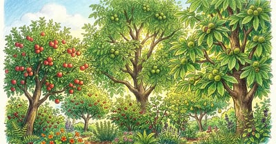 Pencil-crayon illustration of a mature backyard food forest canopy with apple, walnut, and chestnut trees against a warm summer sky