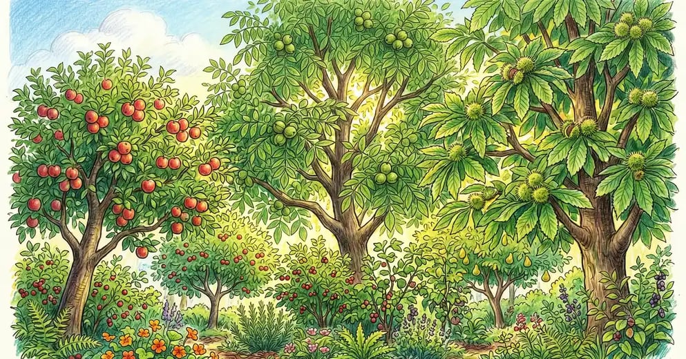 Pencil-crayon illustration of a mature backyard food forest canopy with apple, walnut, and chestnut trees against a warm summer sky