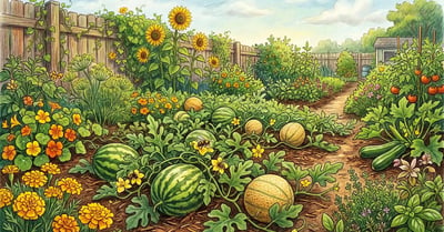 Pencil-crayon illustration of a backyard vegetable garden in summer with sprawling watermelon and cantaloupe vines surrounded by marigolds, nasturtiums, dill, and sunflowers with honeybees visiting yellow melon flowers
