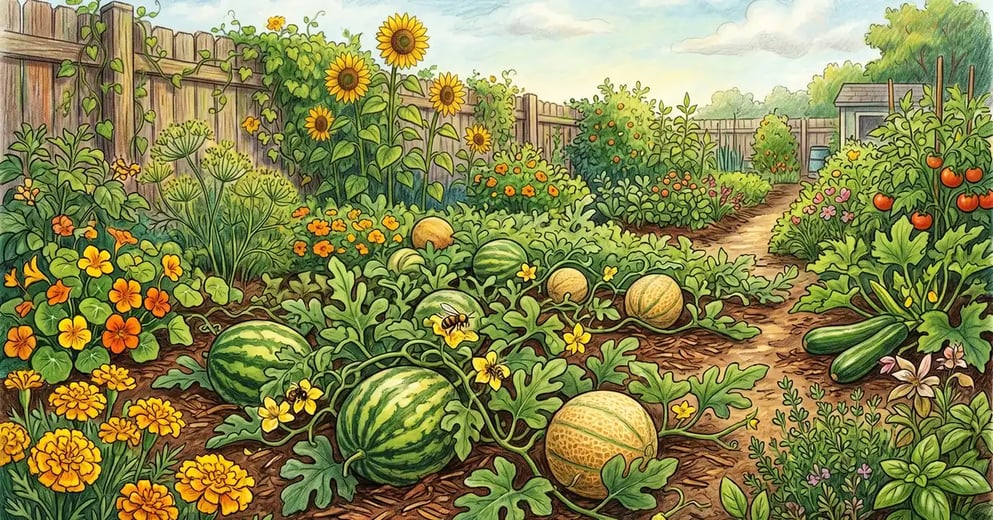 Pencil-crayon illustration of a backyard vegetable garden in summer with sprawling watermelon and cantaloupe vines surrounded by marigolds, nasturtiums, dill, and sunflowers with honeybees visiting yellow melon flowers