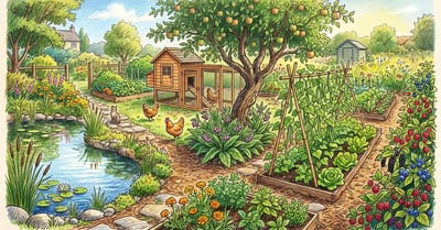 Pencil-crayon illustration of a backyard permaculture garden in summer with multi-function elements including a pond, edible berry hedge, chicken coop under a fruit tree, comfrey plants, and a bean trellis providing shade for lettuce