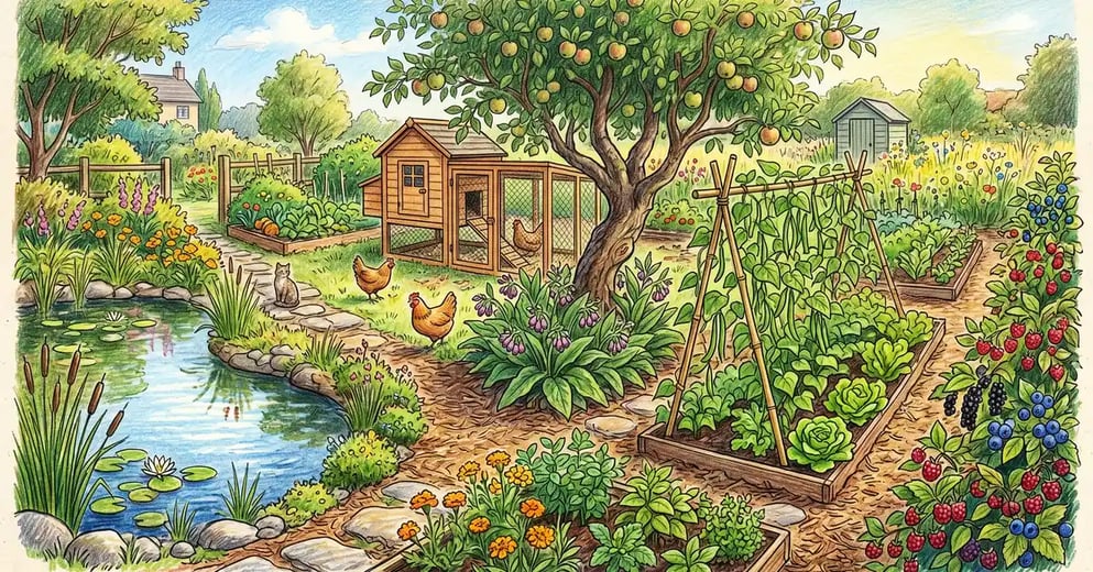 Pencil-crayon illustration of a backyard permaculture garden in summer with multi-function elements including a pond, edible berry hedge, chicken coop under a fruit tree, comfrey plants, and a bean trellis providing shade for lettuce
